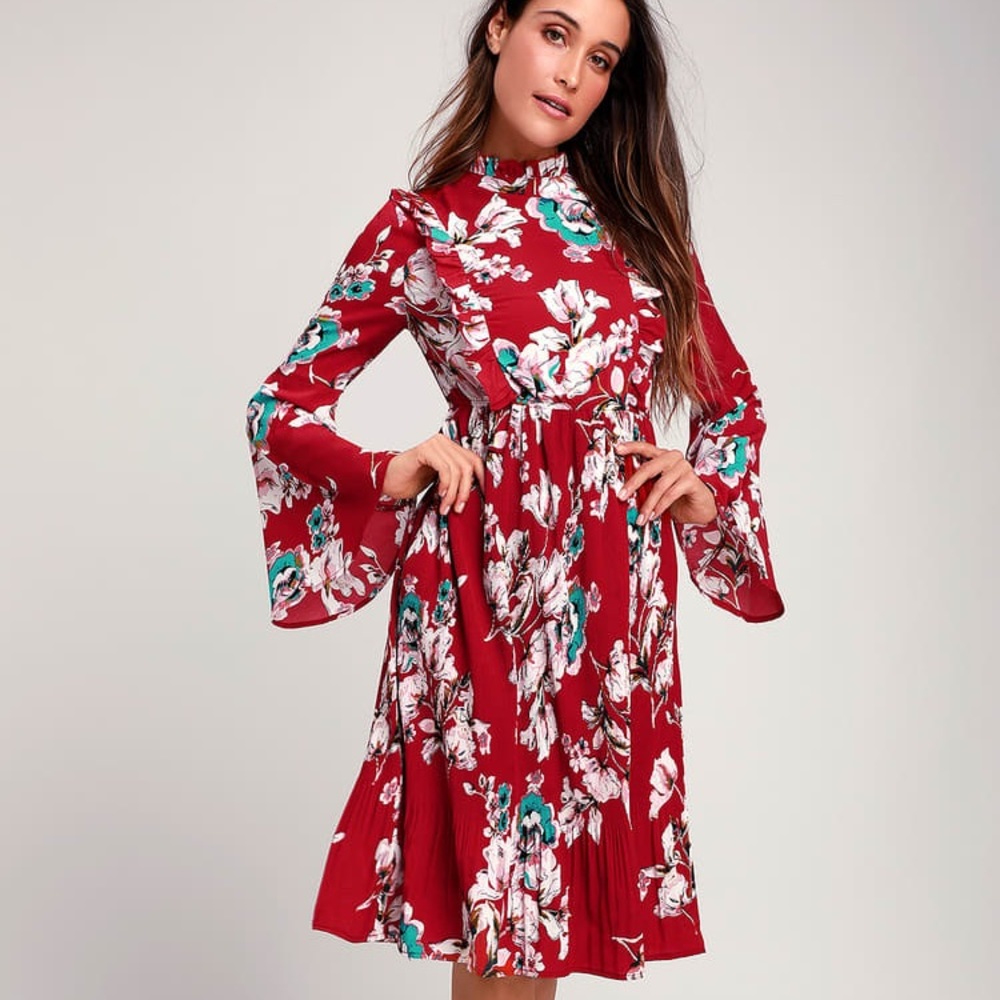 Lulus Garden Glory Wine Red Floral Print Pleated Midi Dress